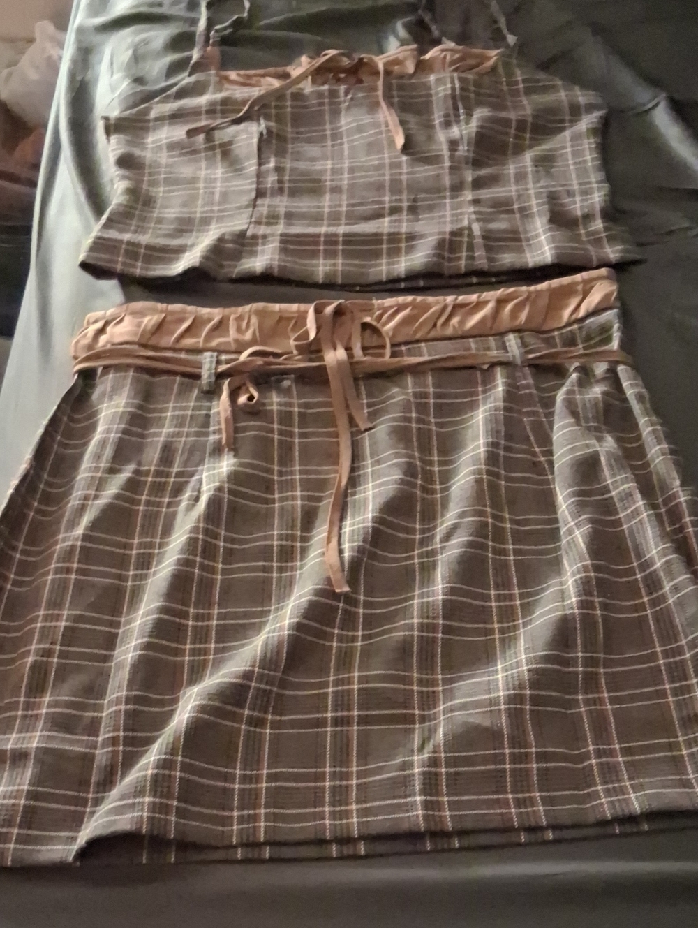 Brown Plaid Midi Skirt with Tie Waist